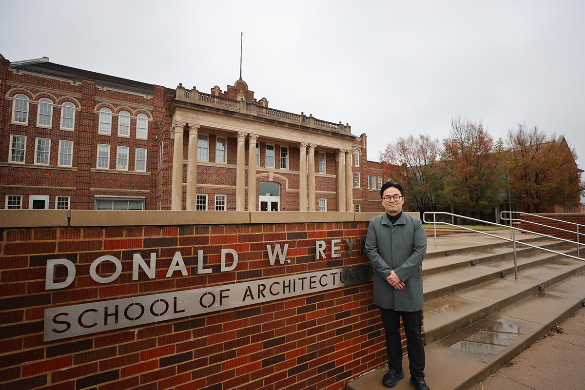 Dr. Seung Ra, a professor of architecture in the College of Engineering, Architecture and Technology at Oklahoma State University is shown in front of the School of Architecture.