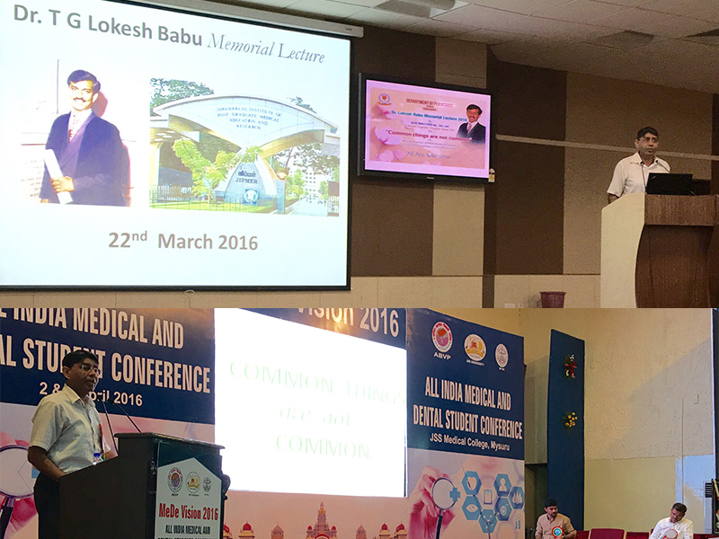 Two photos showing the same man speaking from behind a podium at medical talks.