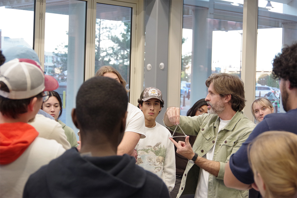 Márcio Sequeira, an architect from Brazil and the creator of the Mola model kits, meets with Oklahoma State University architecture students.