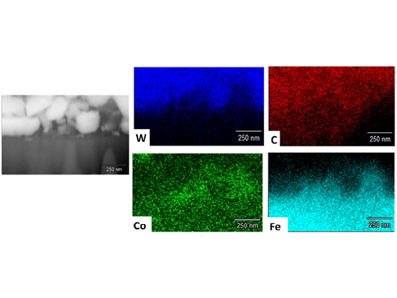 Cross-section micrographs showing a WC-Co film sintered on a steel substrate via electric field-assisted tribosintering (Nano Letters 2025)