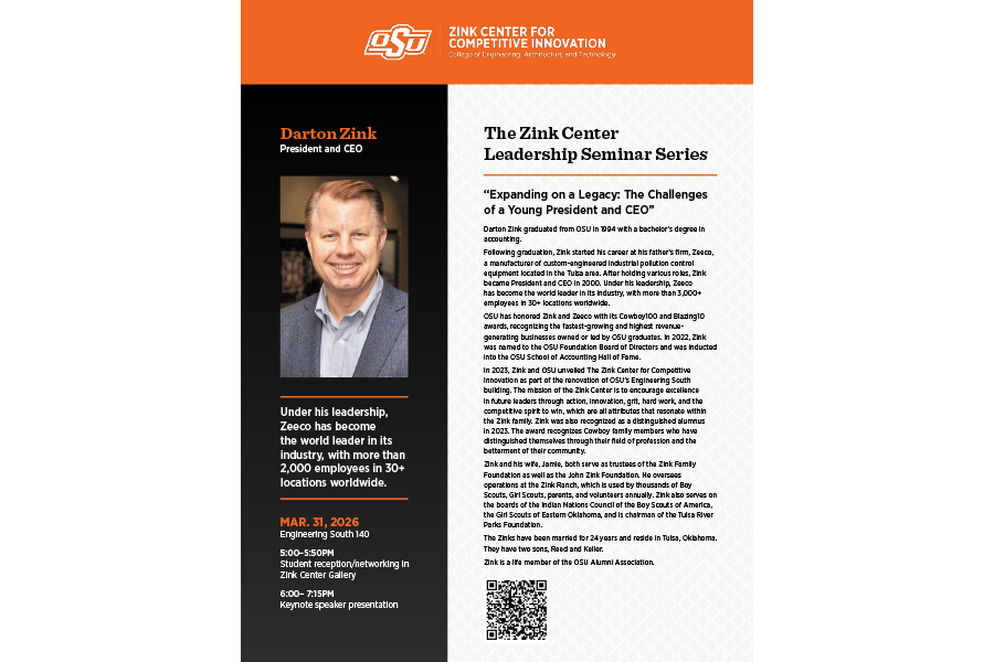 image of Darton Zink Seminar Series Flyer taking place 3-31-26 hosted by The Zink Center
