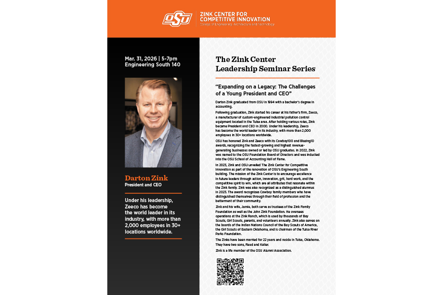 ceat seminar series flyer for darton zink on 3-31-26. hosted by the zink center