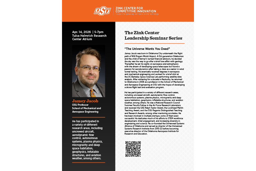 ceat seminar series flyer for jamey jacob on 4-14-26. hosted by the zink center