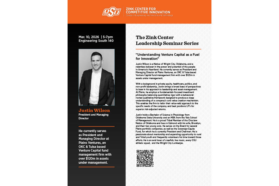ceat seminar series flyer for justin wilson on 3-10-26. hosted by the zink center