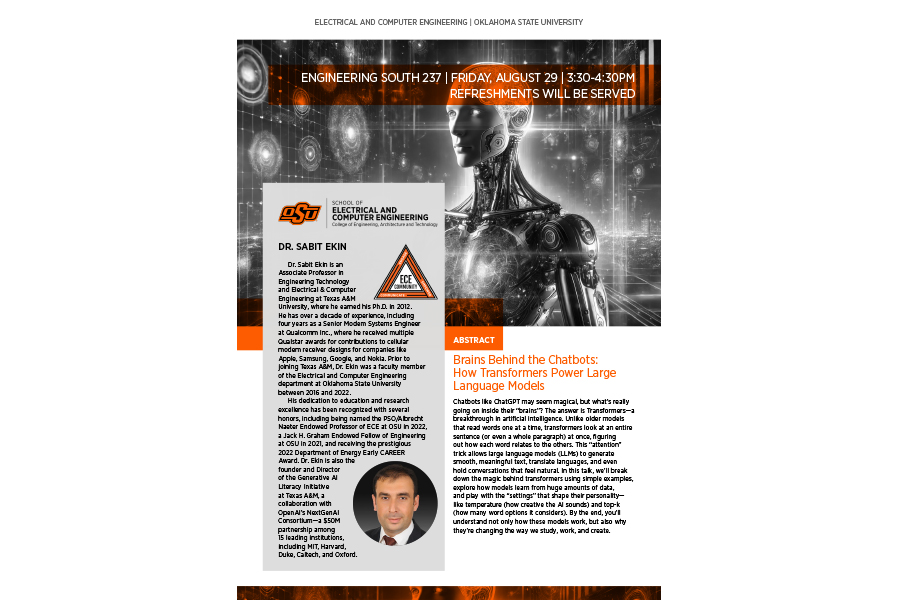 CEAT seminar series flyer for Sabit Ekin with ECE