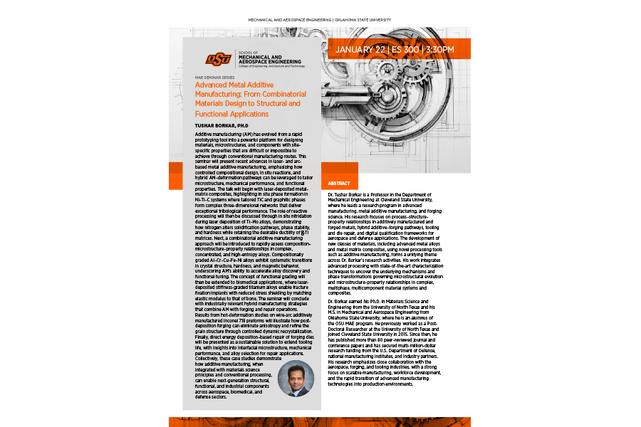 Seminar Series Flyer for Tushar Borkar on 1-22-26 hosted by MAE