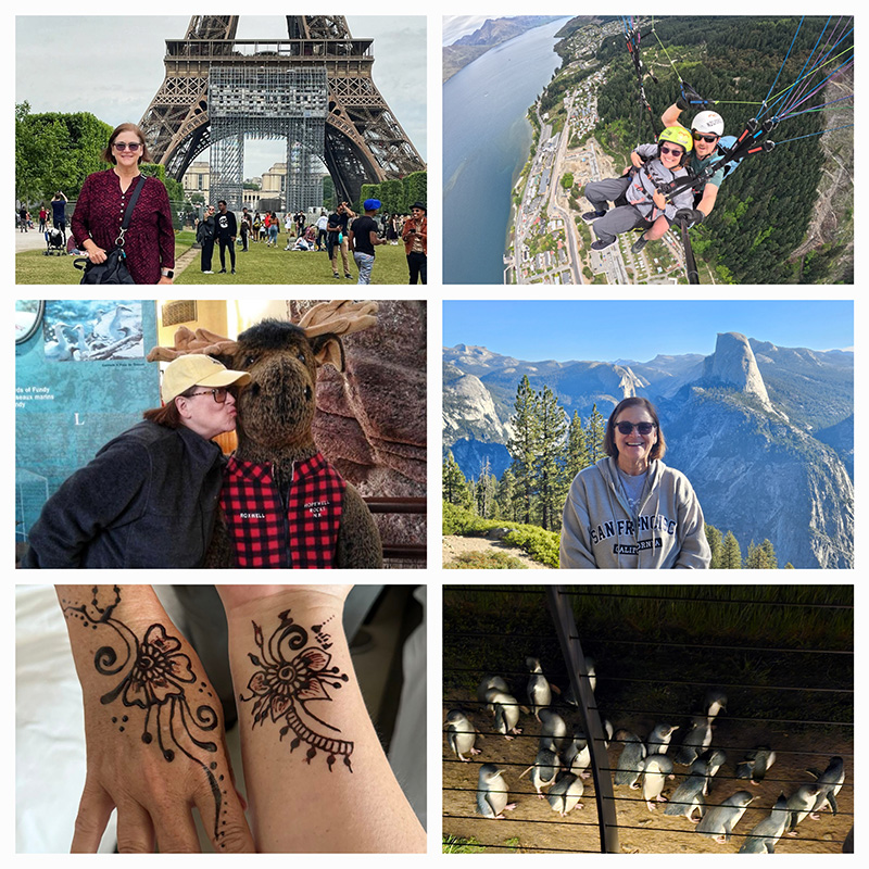 A collage of photos that show experiences Britt Trevino has experienced. Including paragliding, visiting Paris, traveling to various zoos and mountains, seeing penguins and getting traditional henna.