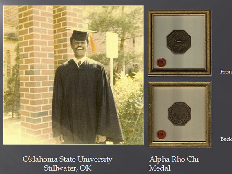 Mr. Wilson in graduation cap and gown next to a depiction of his Alpha Rho Chi Medal.