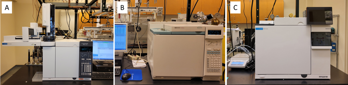 Fig. 2 Gas chromatographs. GC-FID/ECD (A), GC-ECD/TCD (B) GC-TCD (C) Gas chromatographs. GC-FID/ECD (A), GC-ECD/TCD (B) GC-TCD (C)