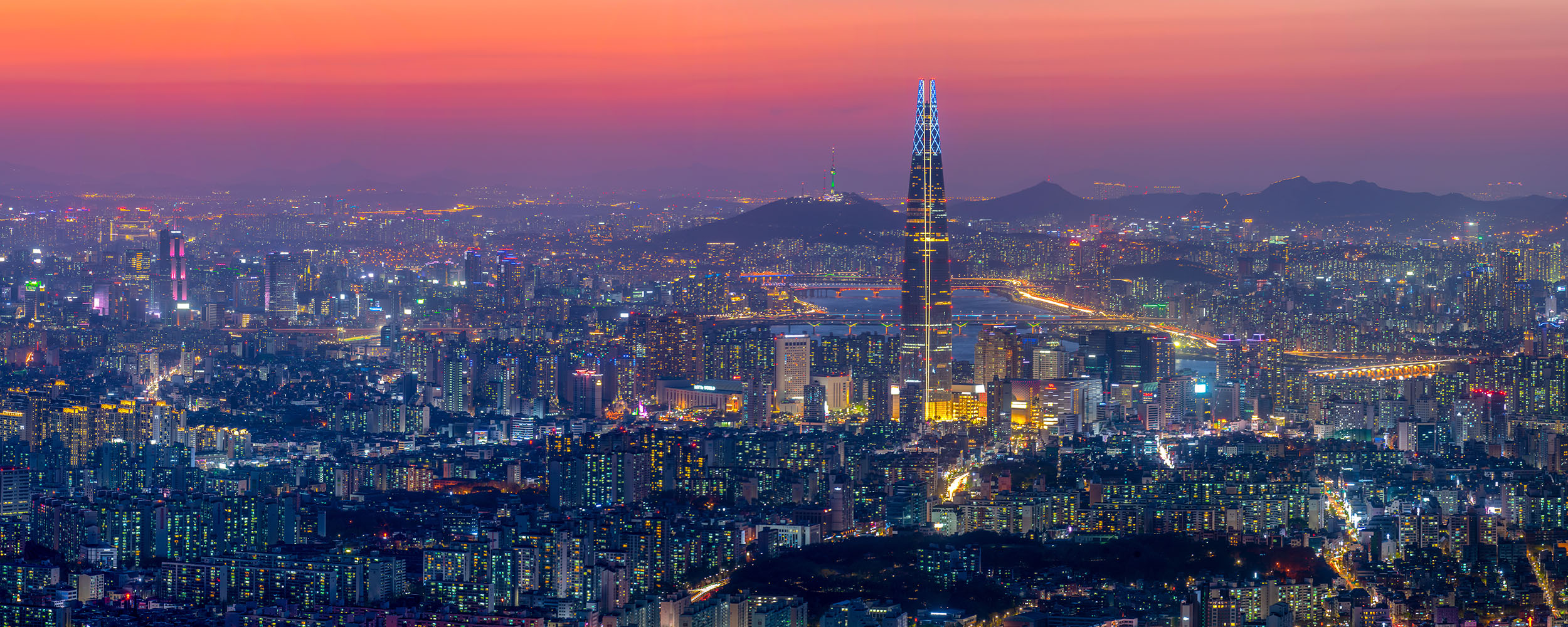 Panoramic view of Seoul, South Korea at a beautiful night. At Namhansansong Viewpoint.